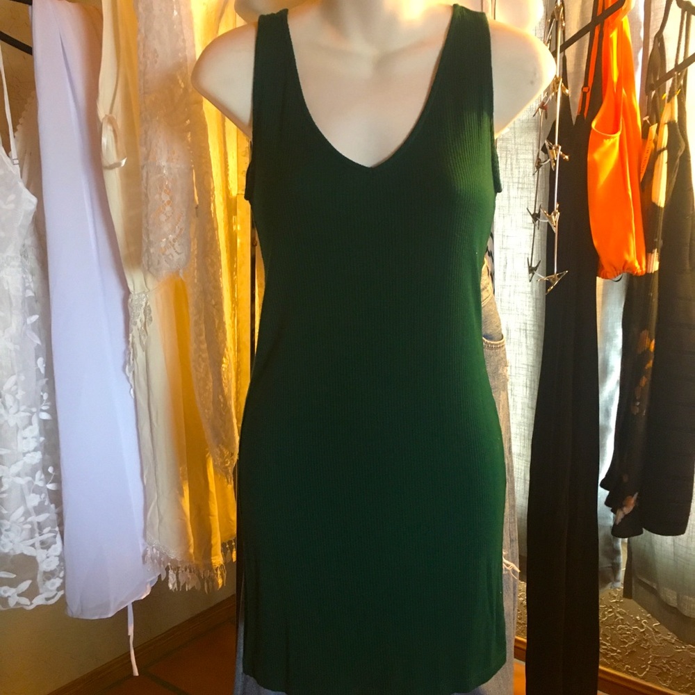 Green ribbed Forever 21 dress. Mid length, comfy and cute with a denim jacket